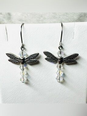 Dragonfly Crystal Dangle Earrings Aurora Borealis Silver Tone